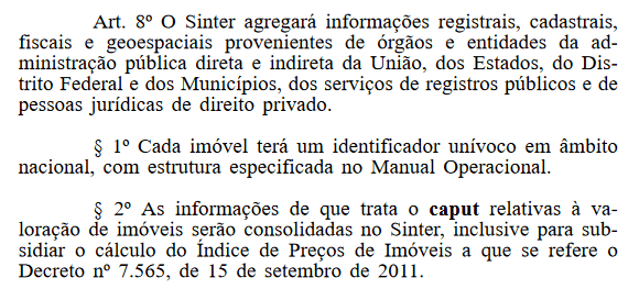 Decreto instituindo o Sistema Nacional de Gestão de Informações Territoriais (Sinter).